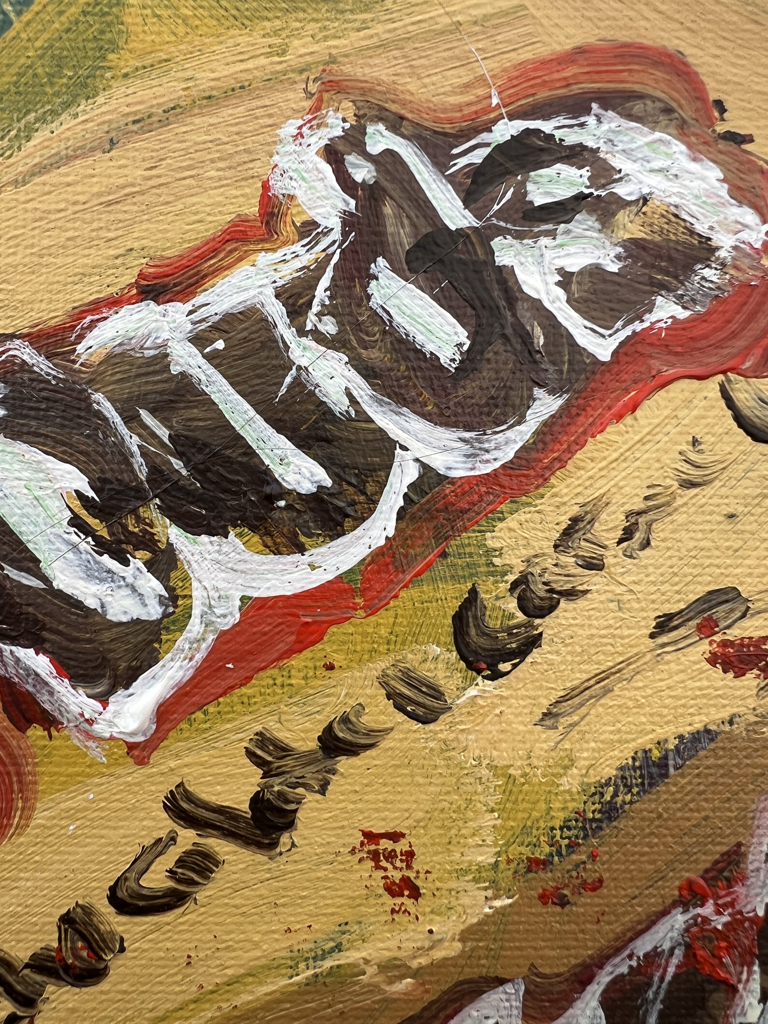 Brushwork detail of Bold expressive painting of Milk Duds yellow candy box