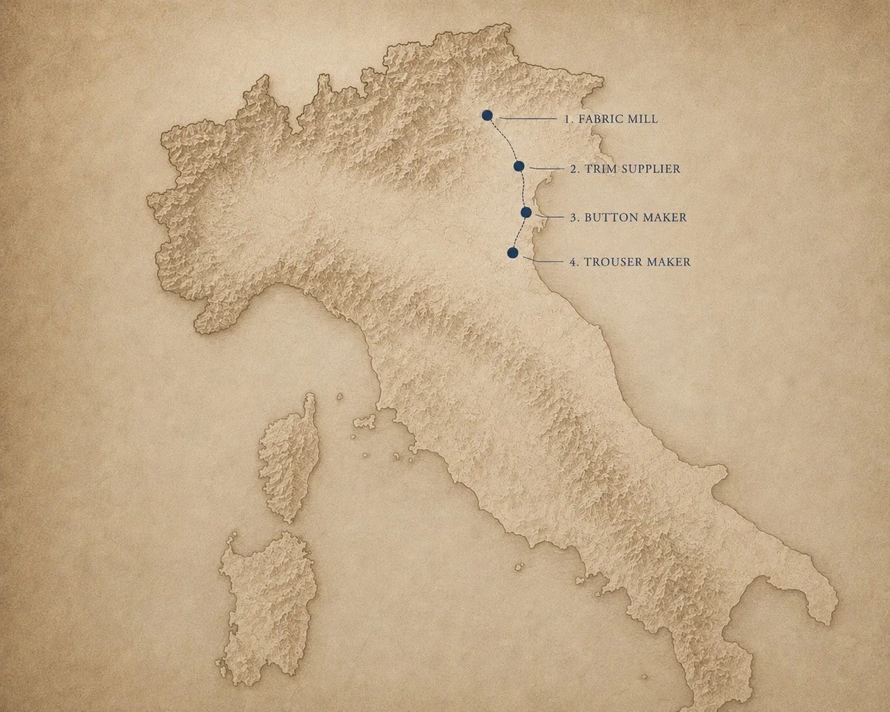 Map of Italy depicting four manufacturing zones marked with points on the northeastern coast, labeled as fabric mill, trim supplier, button maker, and trouser maker.