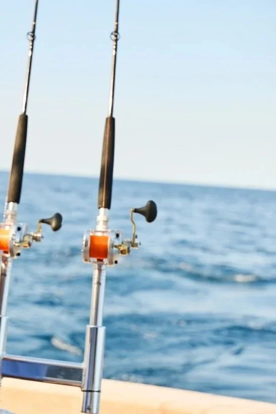 Two fishing rods set up on a boat with a view of the open ocean in the background.