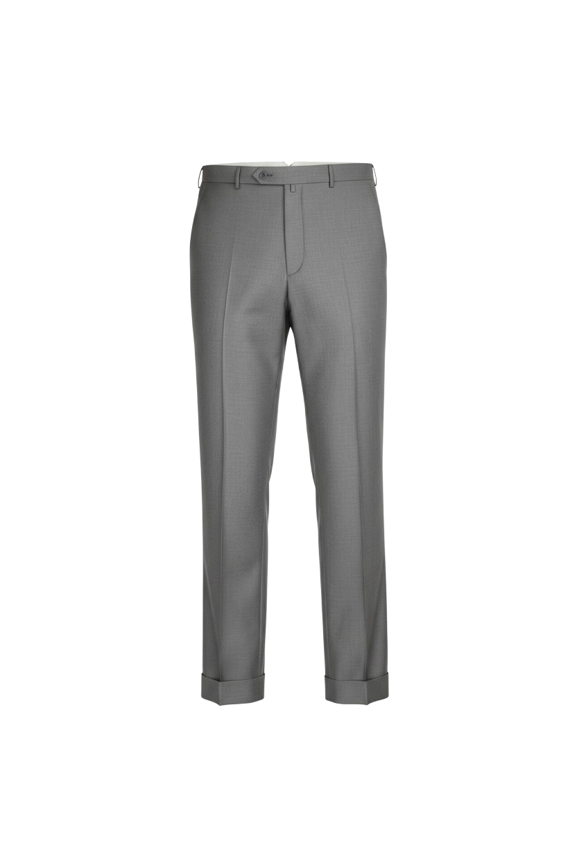 Malcom's most popular Parma model luxury trouser in a light gray worsted wool sharkskin fabric showing it's Modern fit silhouette with a relaxed, tapered leg.