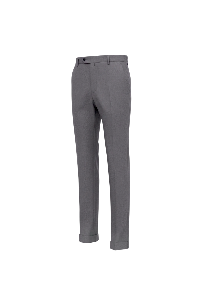Angled 3D view from front of Malcom's Como luxury trouser model in a light gray worsted wool sharkskin fabric showing it's slim fit silhouette.