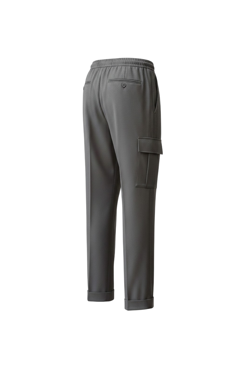 Malcom's Torino model luxury cargo trouser in a light gray worsted wool sharkskin fabric.