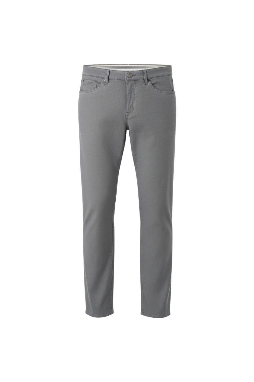 Malcom's Besano model luxury 5-pocket trouser in a light gray worsted wool sharkskin fabric that shows off its popular Modern fit silhouette.