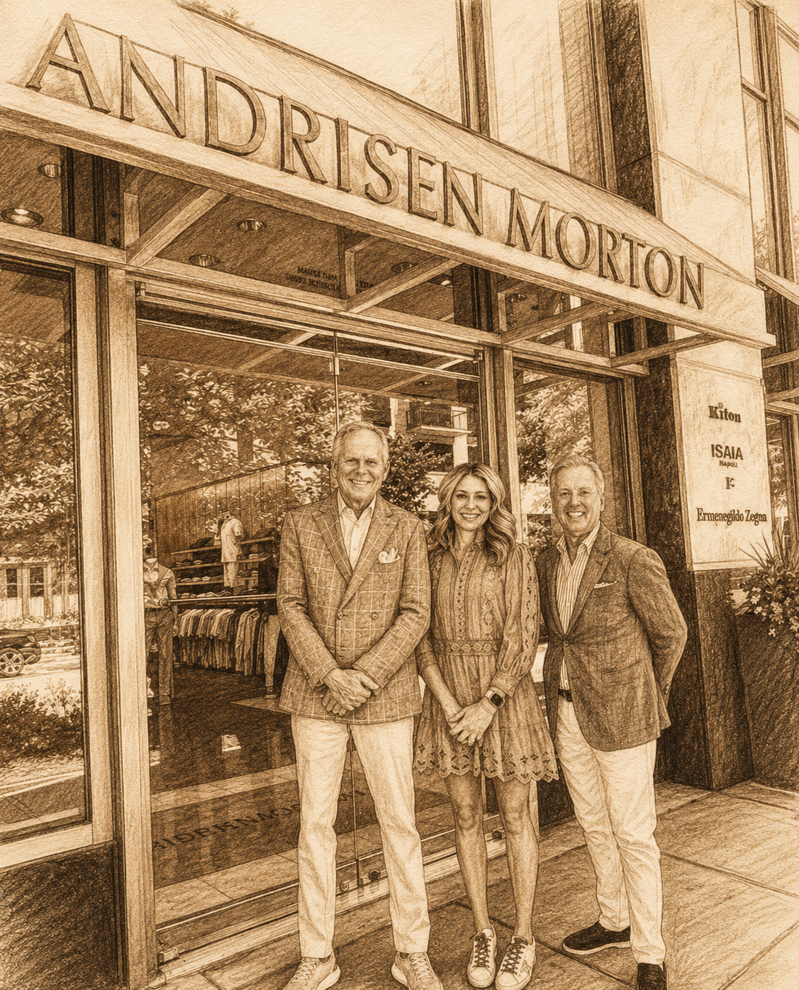Three people standing outside Andreisen Morton store, photo has a sepia tone, large glass window, store sign, and two men and one woman dressed in business casual clothing.