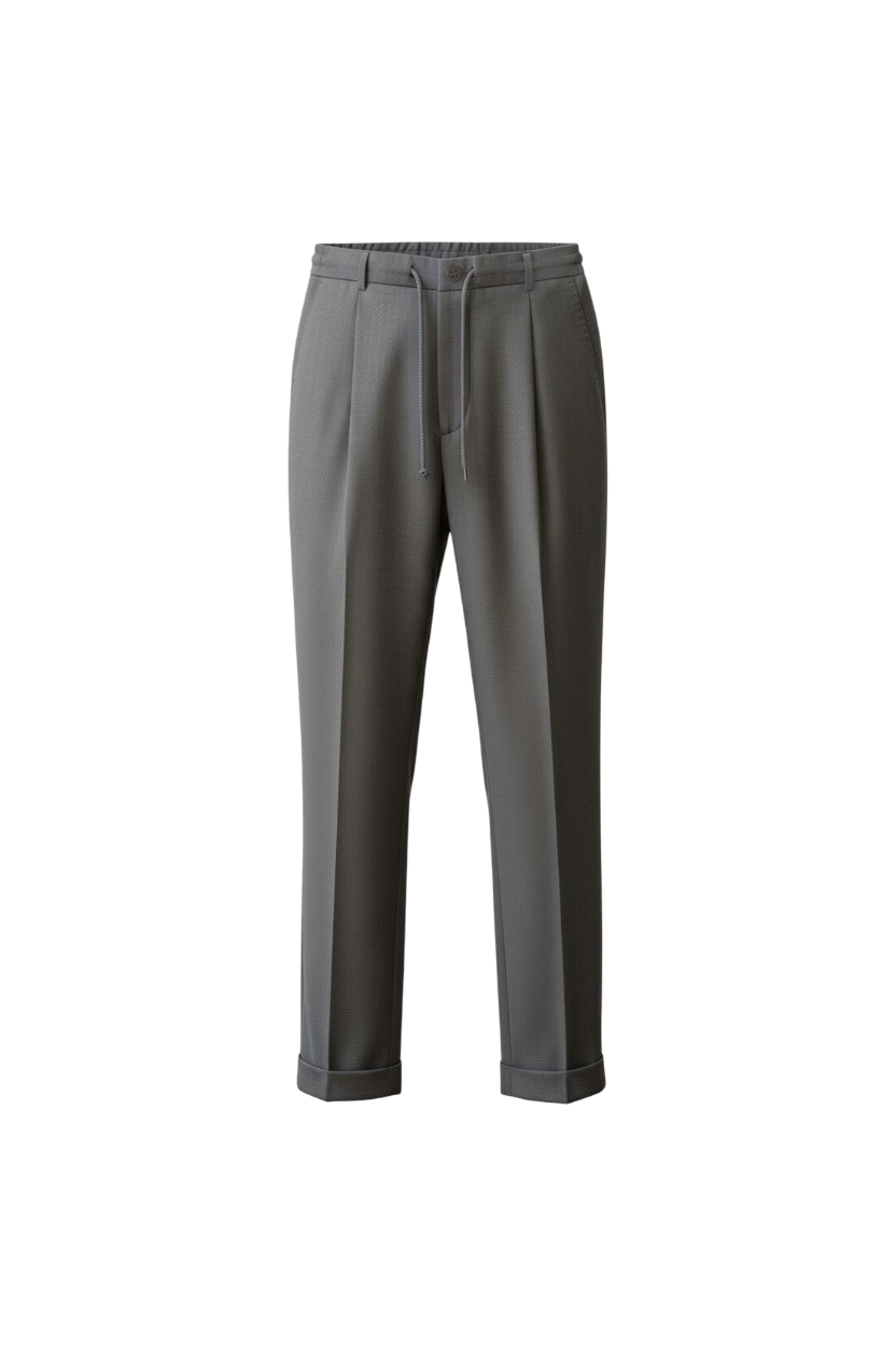 Malcom's Bari model luxury trouser in a light gray worsted wool sharkskin fabric is its take on the popular jogger.