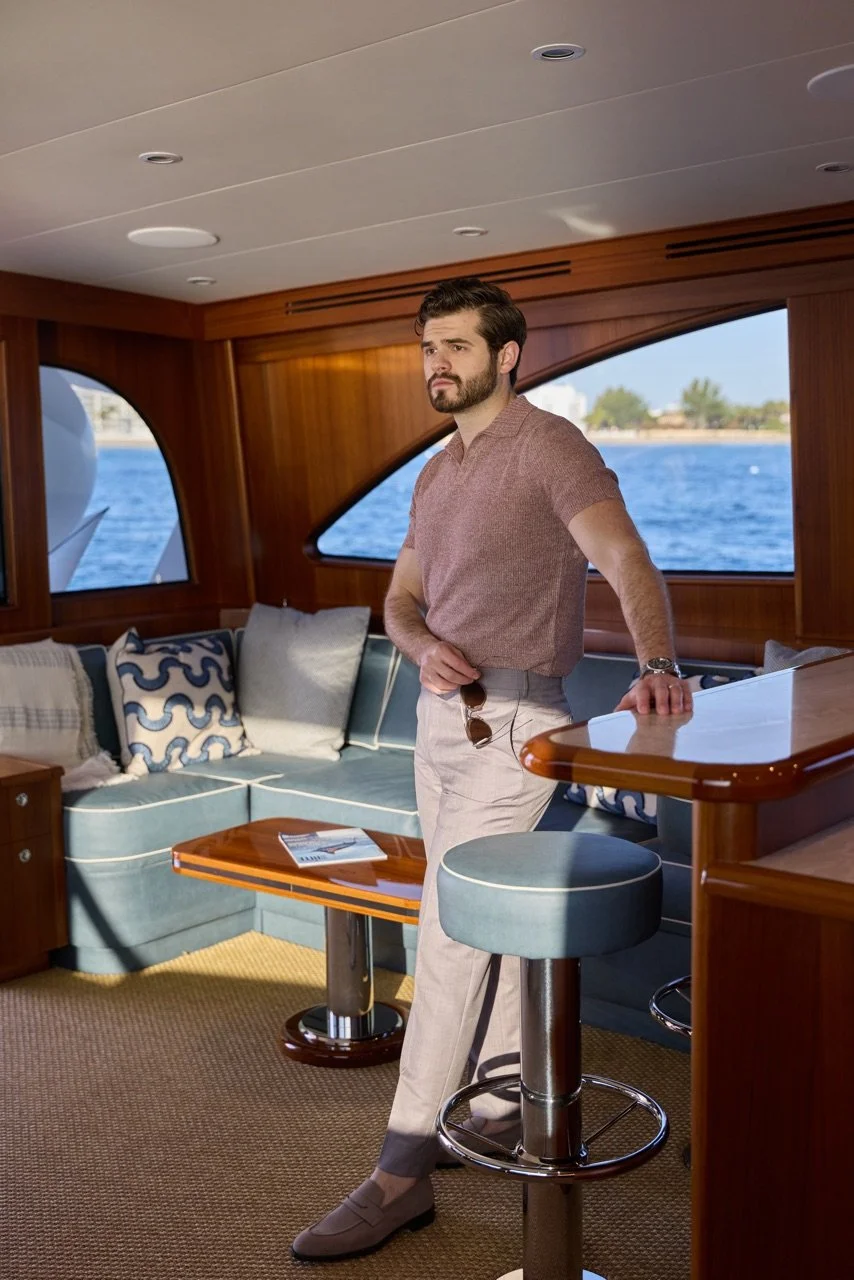 A bearded man wearing a brown shirt and light-colored pants stands inside a yacht, overlooking the water through windows. He holds sunglasses in one hand and leans on a wooden counter. The interior features a sofa with patterned and plain cushions, a