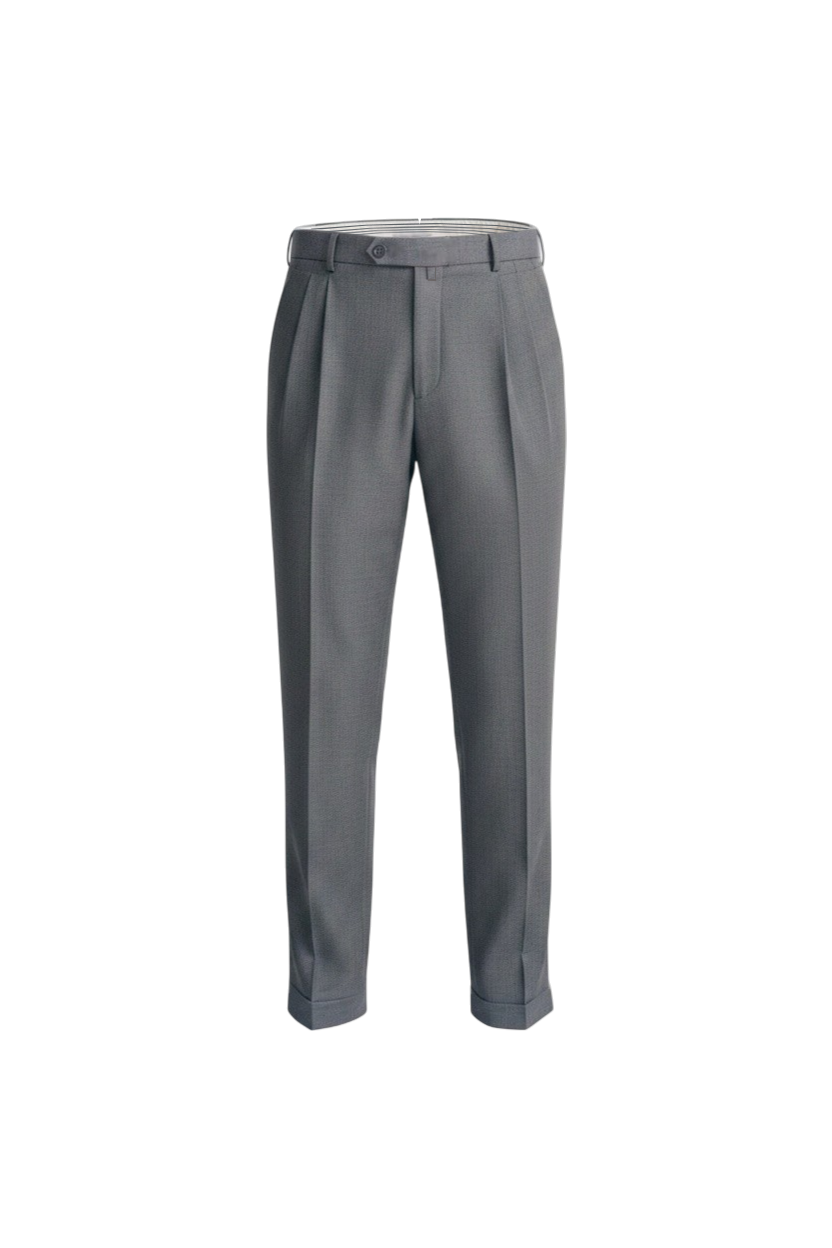 Malcom's most classic Pisa model luxury trouser in a light gray worsted wool sharkskin fabric showing its Modern fit silhouette.