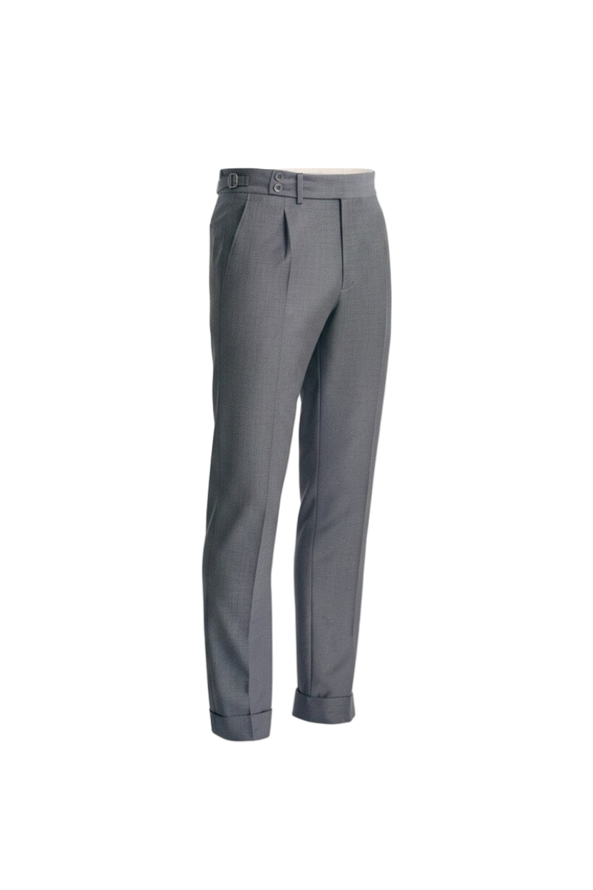 Malcom's most sophisticated Penne model luxury trouser in a light gray worsted wool sharkskin fabric with a double-button tab waist closure, side tabs and single-pleat.