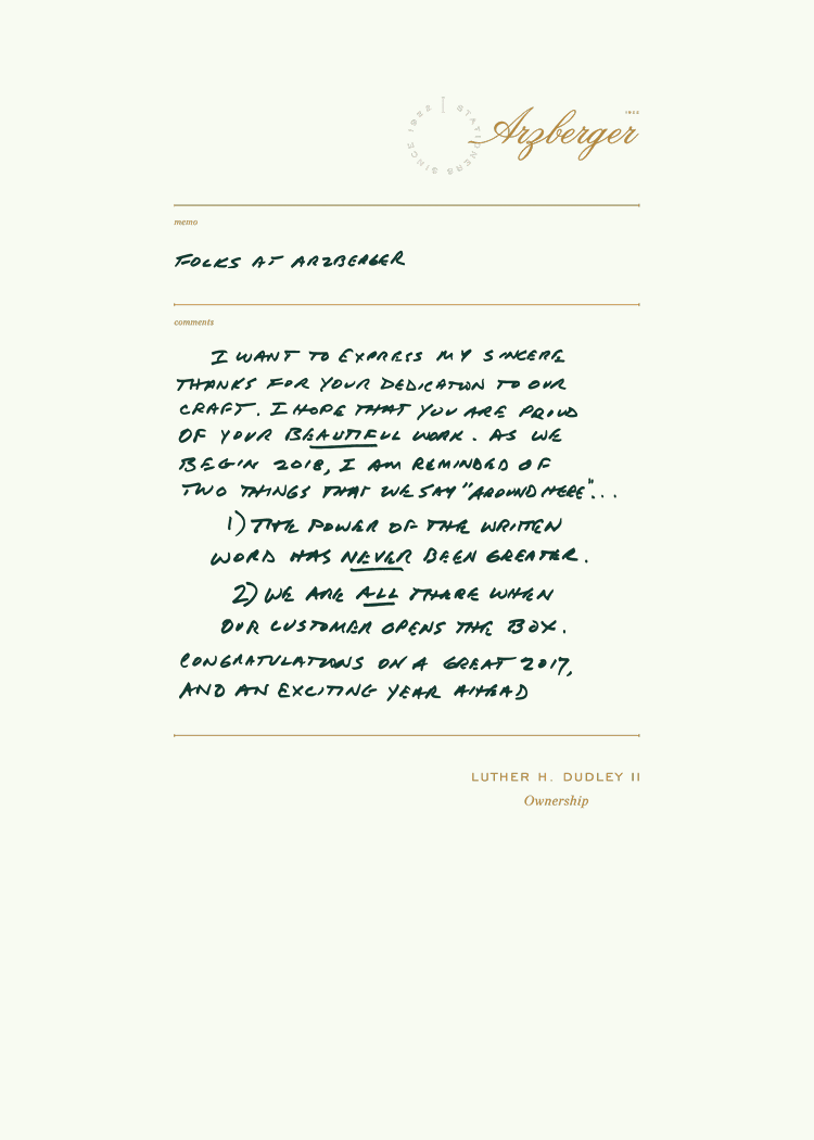 A handwritten note on a cream-colored background with a logo reading "Arbzerger" at the top. The note expresses gratitude and reflects on the start of a new year, with a signature by the owner of Arzberger.