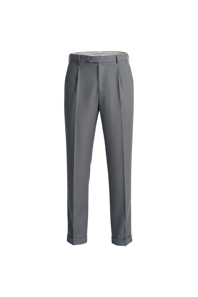 Malcom's Modern fit Padova model luxury trouser in a light gray worsted wool sharkskin fabric showing its contemporary silhouette