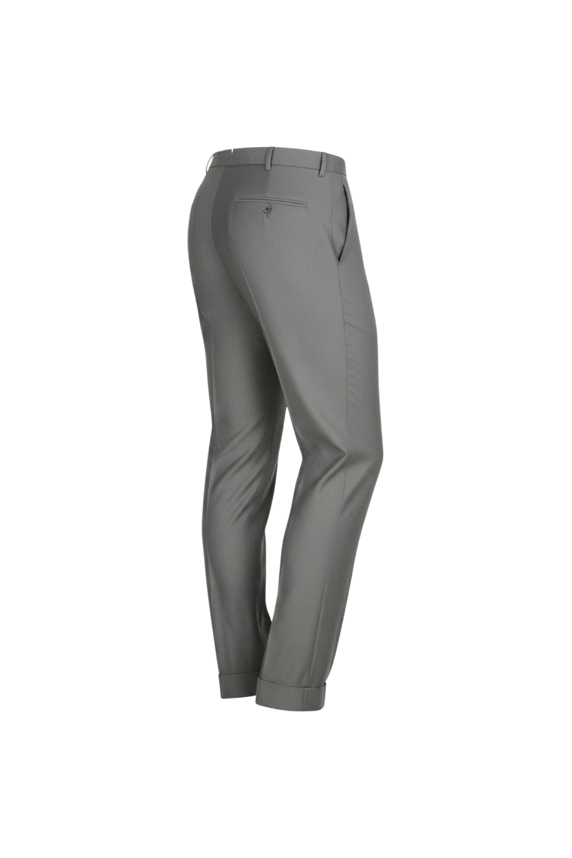 Malcom's Diamonte model luxury trouser in a light gray worsted wool sharkskin fabric showing it Classic fit silhouette with fuller seat and thighs.