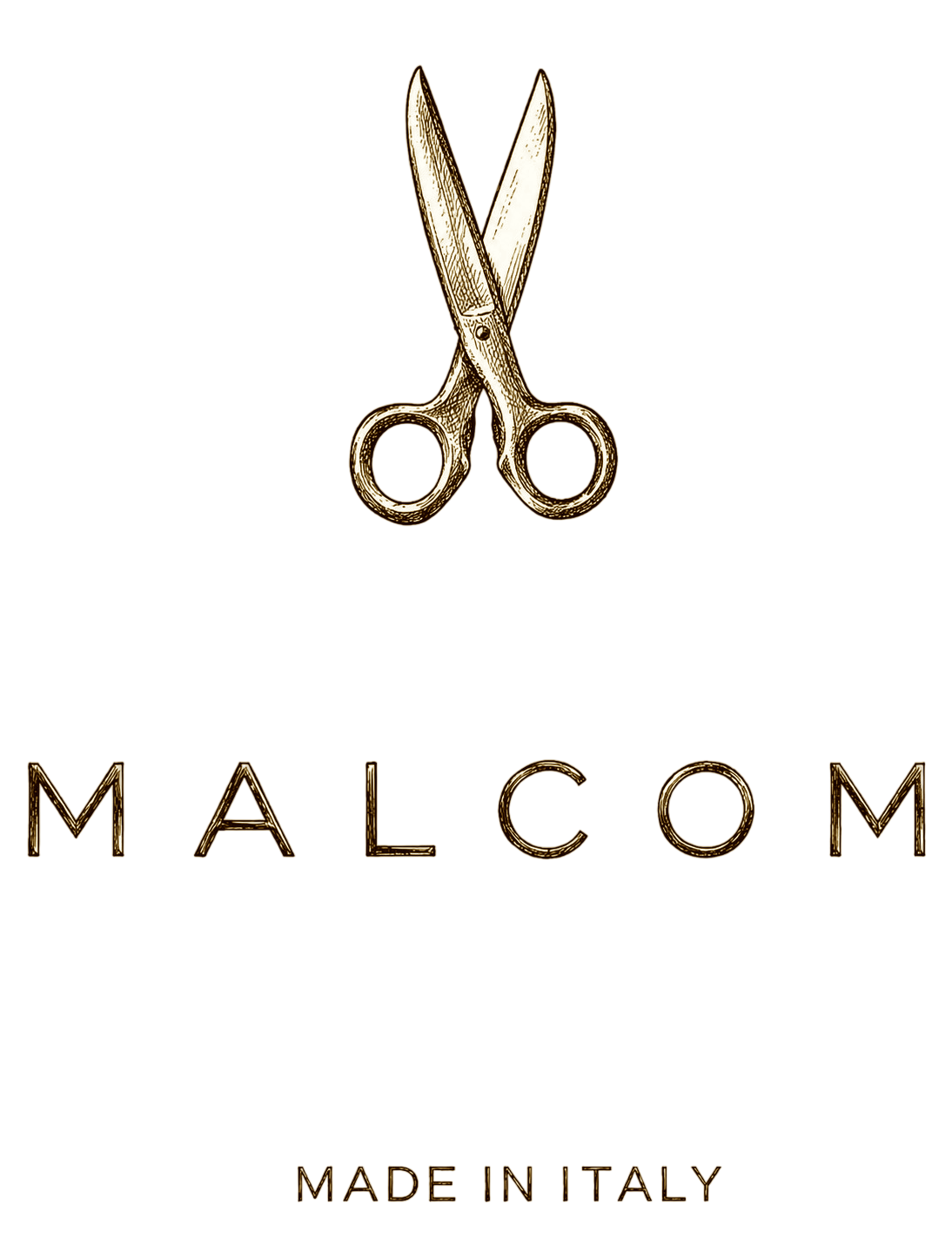 Black background with a gold drawing of scissors above the text 'Malcom' and 'Made in Italy'.