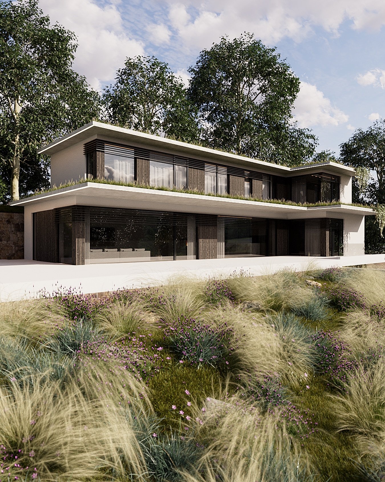 Tato vizualizace představuje modern&iacute; bydlen&iacute; s důrazem na nadčasovou estetiku, soukrom&iacute; a propojen&iacute; s okoln&iacute; zelen&iacute;. Otevřen&aacute; architektura, velkorys&eacute; terasy a př&iacute;rodn&iacute; materi&aacut