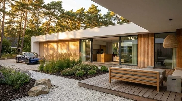 Modern&iacute; bungalov v objet&iacute; př&iacute;rody 🌿✨
Ploch&aacute; střecha, dřevo, sklo a borovicov&yacute; les v pozad&iacute; &mdash; tak nějak vypad&aacute; m&iacute;sto, kde by se chtělo ž&iacute;t.
🤖 Vizualizace byla vytvořena pomoc&iacut