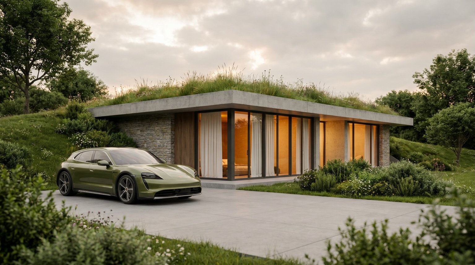 Pohledov&yacute; beton + př&iacute;rodn&iacute; k&aacute;men + velk&aacute; prosklen&iacute; = dokonal&aacute; harmonie. A tře&scaron;nička navrchu? Olivov&eacute; Porsche Taycan 🚗💚 #architektura #modernibungalov #vizualizace #ekodům #czecharchitec