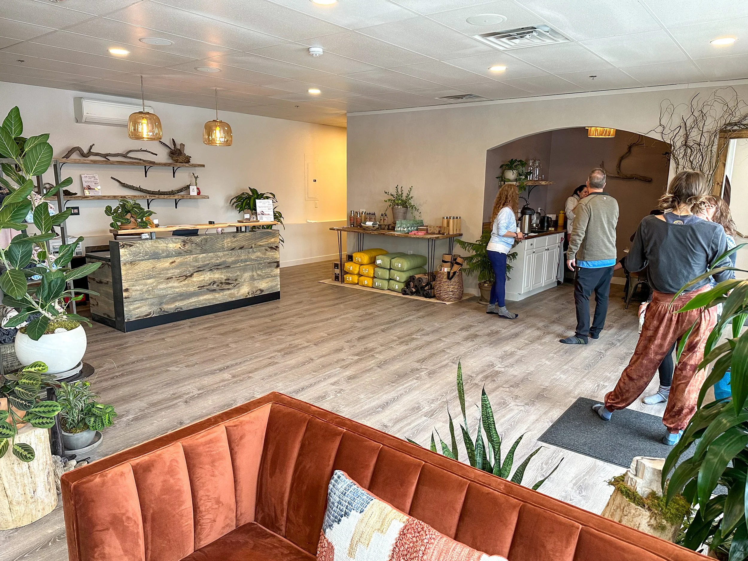 Interior of a cozy cafe or waiting area with wooden flooring, green plants, a velvet orange sofa with decorative pillows, and a reception desk made of wood. There is a counter with snacks and drinks, and people are standing in line at a self-serve co