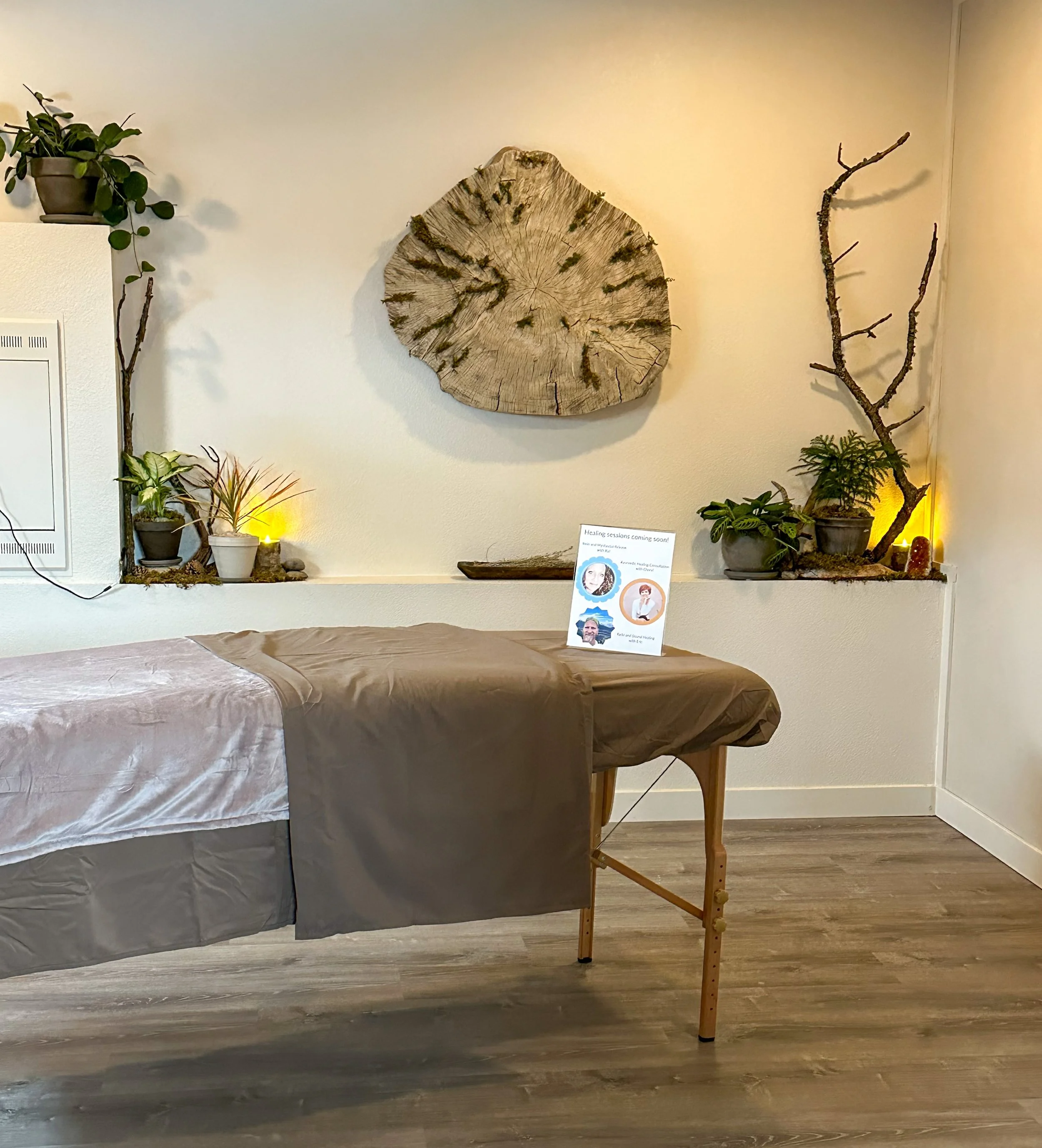A massage table with brown and beige sheets in a room decorated with plants, driftwood, and a large wood slice on the wall. There is a sign on the table and soft lighting.