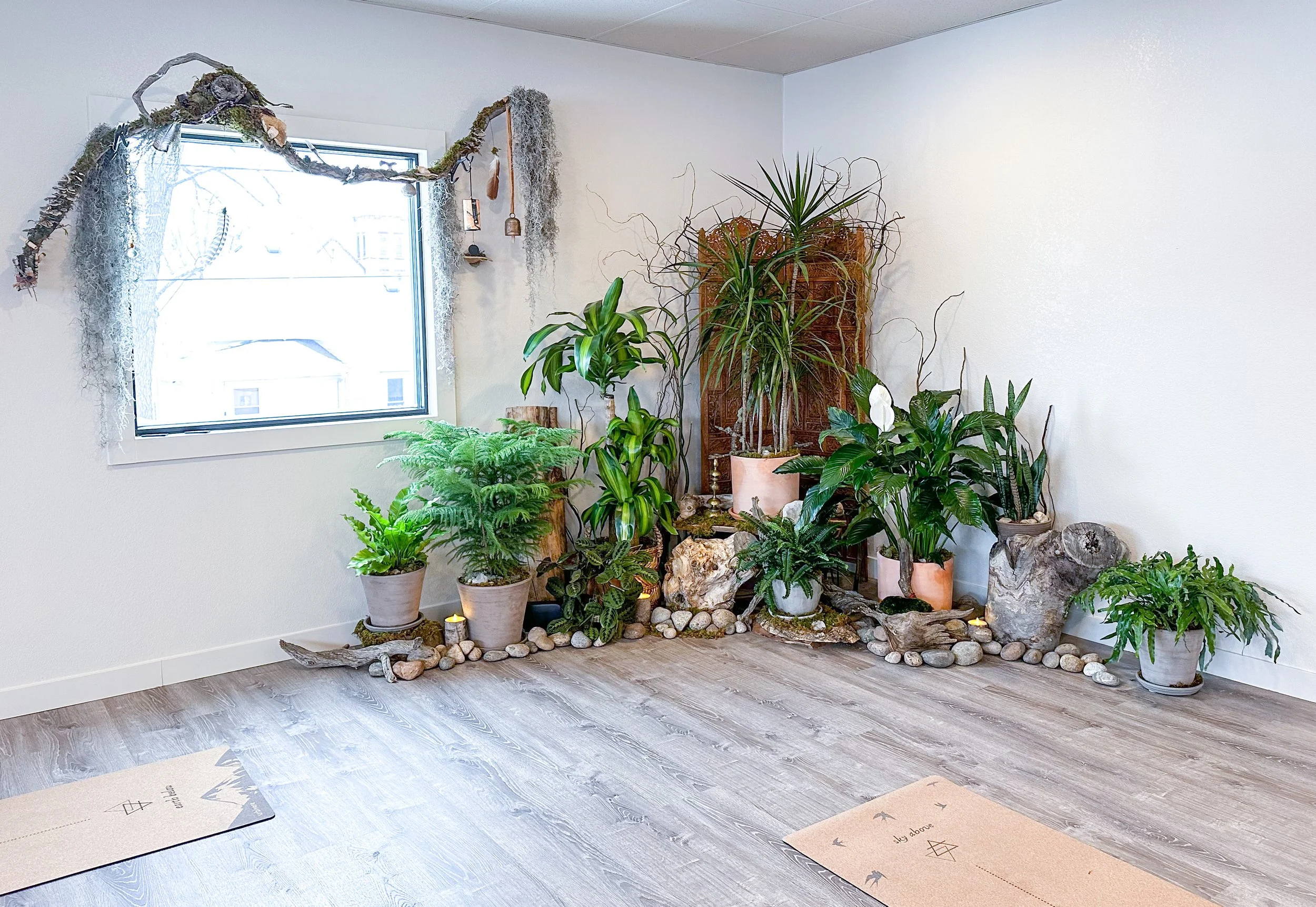 Indoor corner with various potted houseplants, a decorative wooden screen, and a window with hanging moss and ornaments. The floor is wooden, and there are yoga mats on the floor.