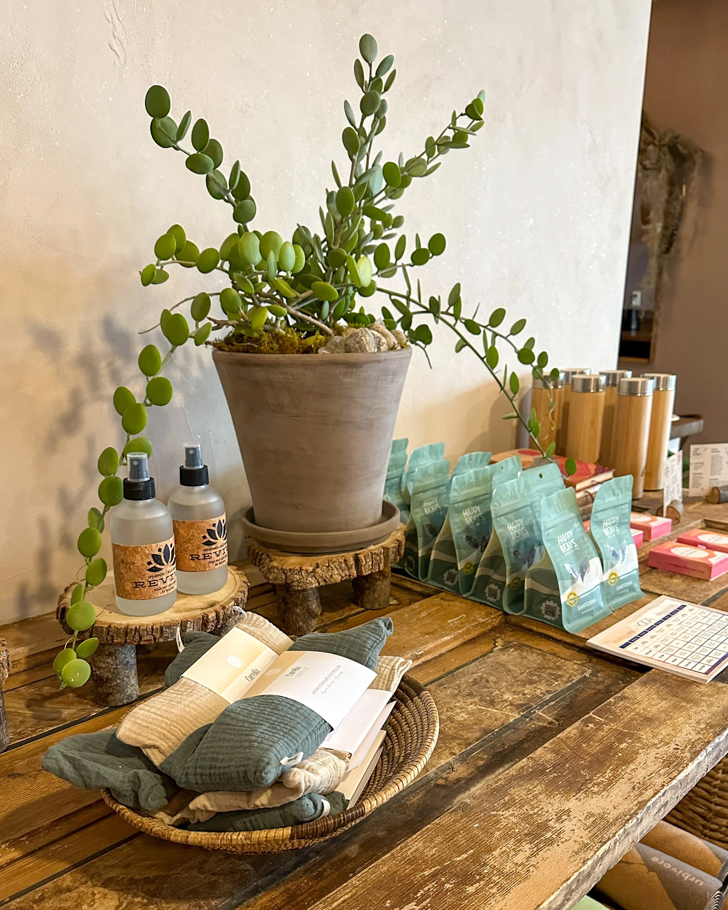 A wooden table displaying a potted succulent plant, two spray bottles, packets of tea or soap, a basket with rolled cloth items, and various other small products.