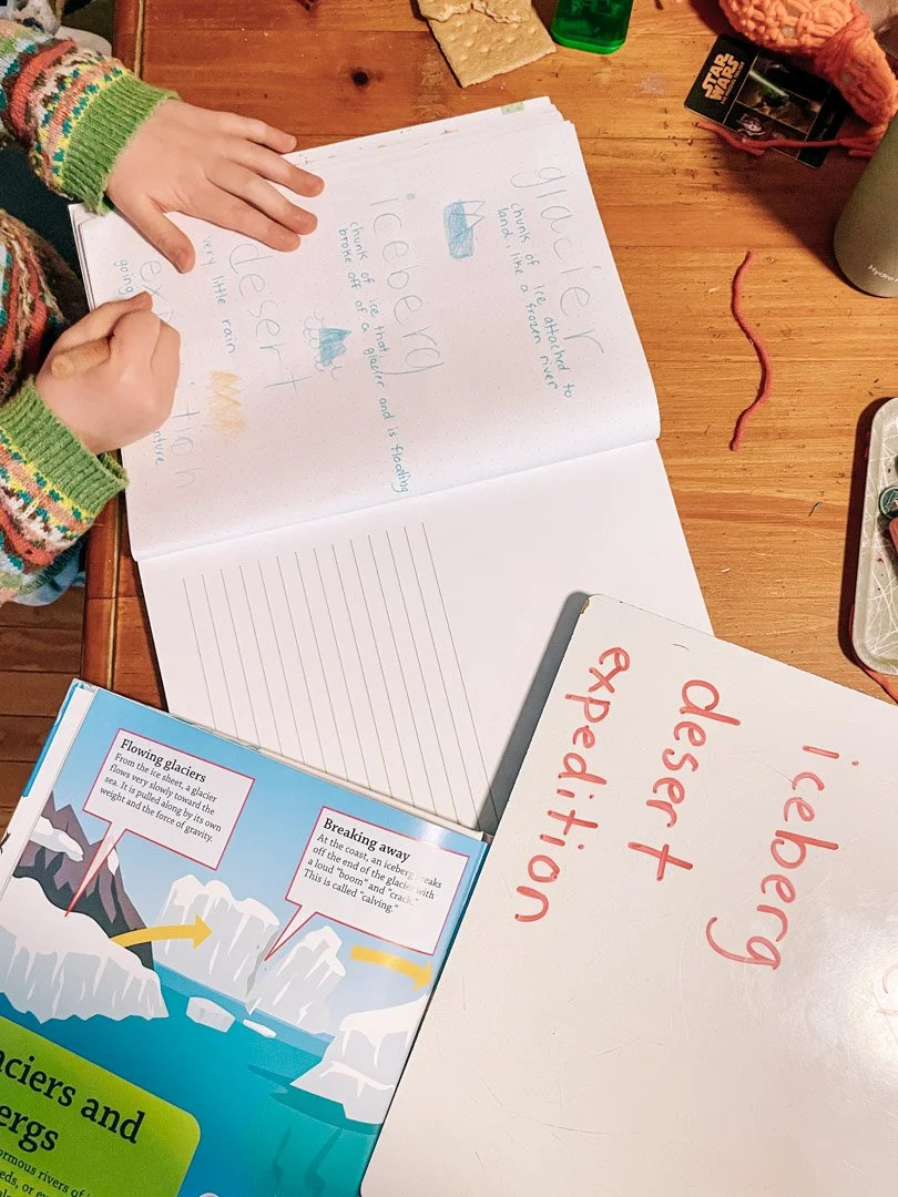 a first grader's science notebook with the terms glacier, iceberg, and desert