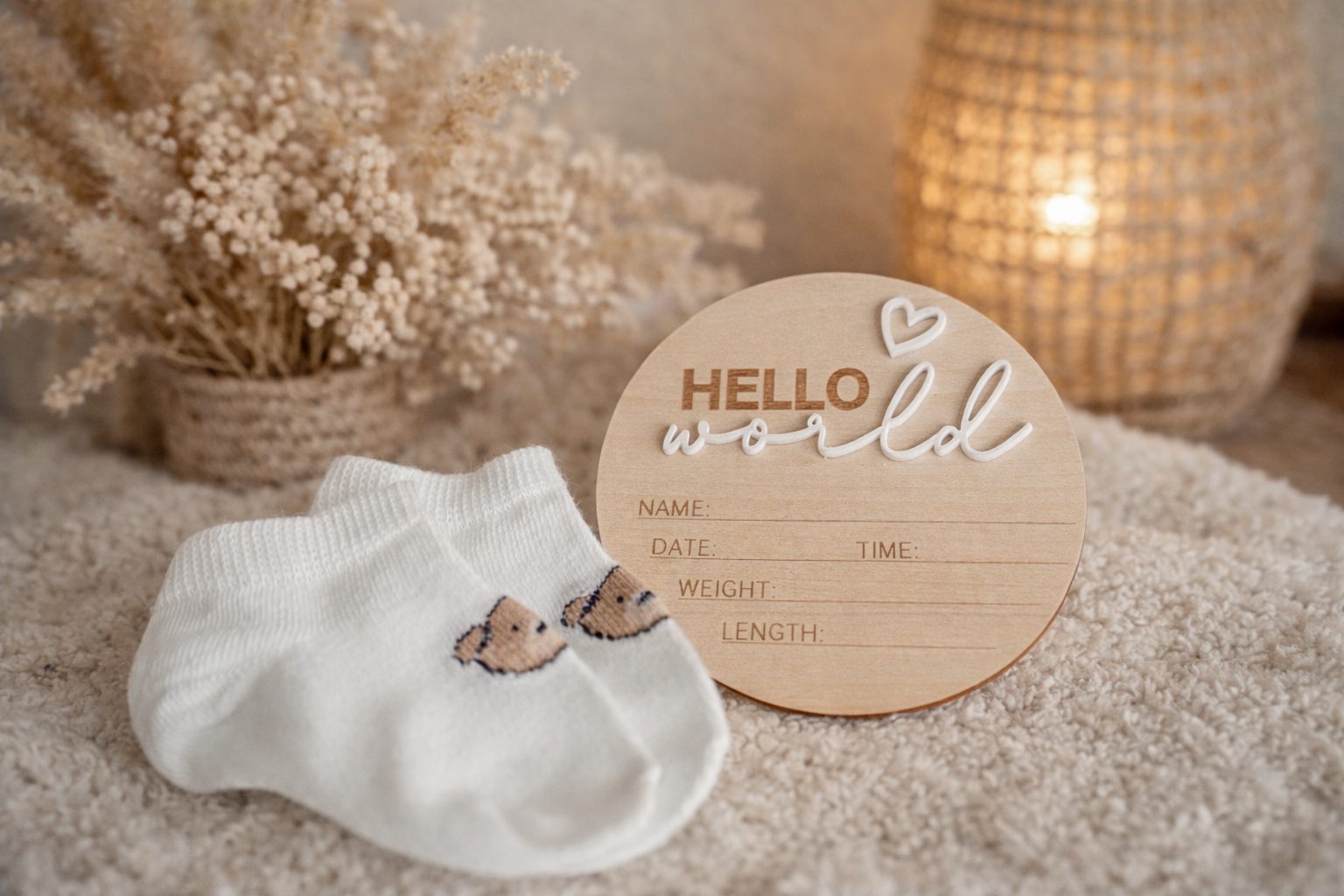 Ein Holzschild mit der Aufschrift "Hello world" und Platz für Name, Datum, Uhrzeit, Gewicht und Länge, daneben ein Baby-Söckchen mit Affen-Design, im Hintergrund Korb mit getrockneten Blumen und eine Lampe