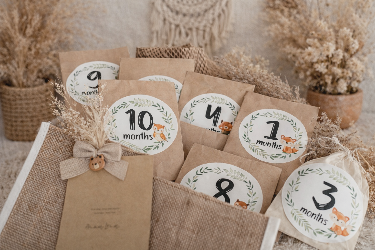 Säckchen mit Monatsmarkierungen für ein Baby, von 1 bis 10 Monaten, mit niedlichen Tierillustrationen, in einem Braunen Korb, dekoriert mit Trockenblumen.