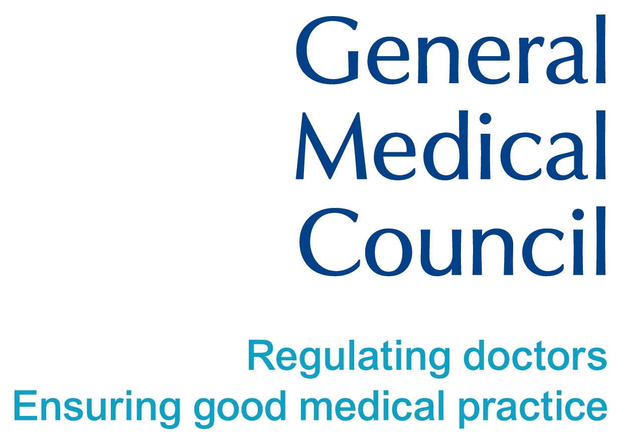 Logo of the General Medical Council with the tagline 'Regulating doctors, Ensuring good medical practice' in blue text.