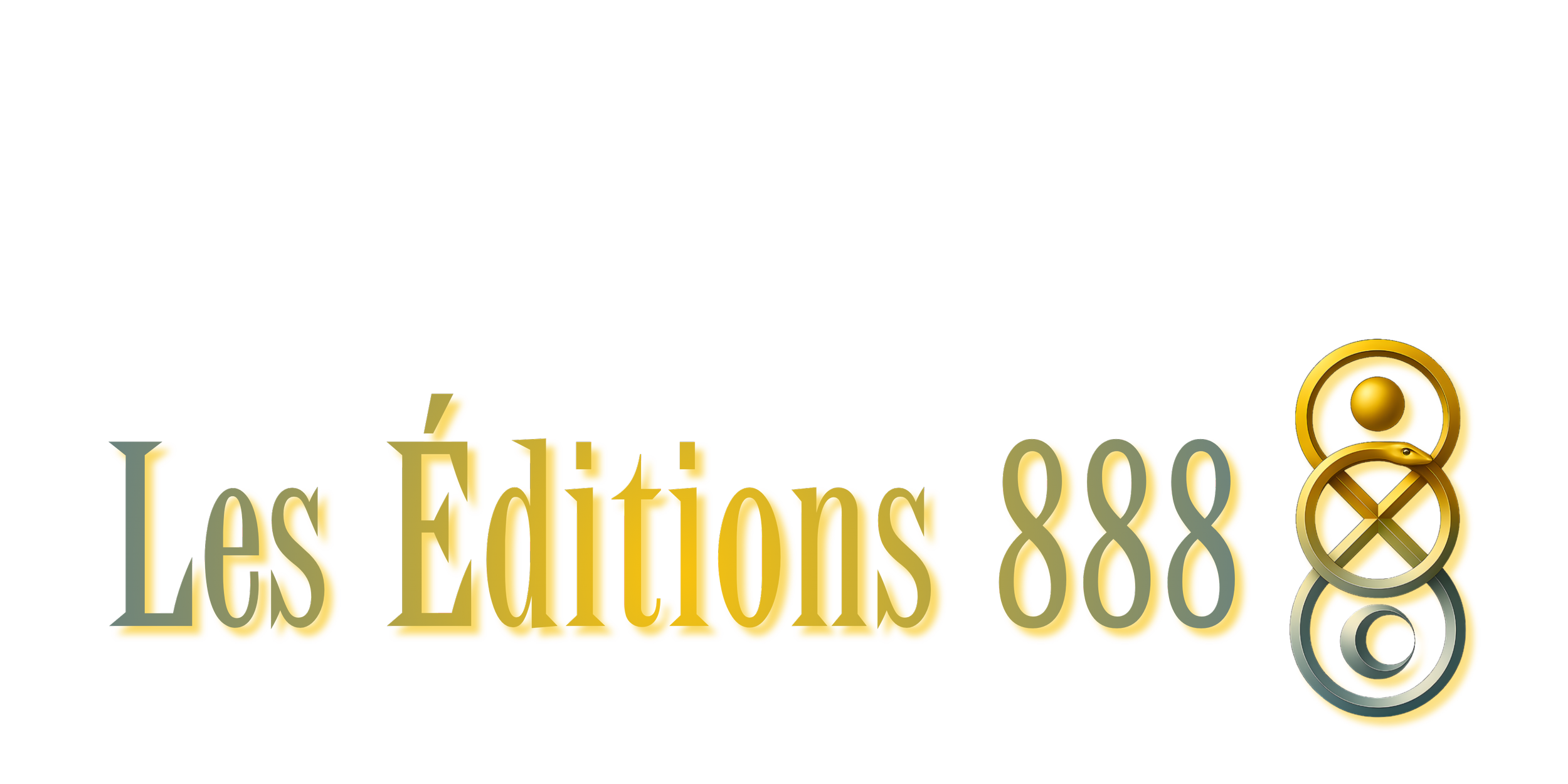 Logo en trois dimensions avec le texte 'Les Éditions 888' en lettres dorées, accompagné d'un symbole circulaire stylisé doré et gris à droite.