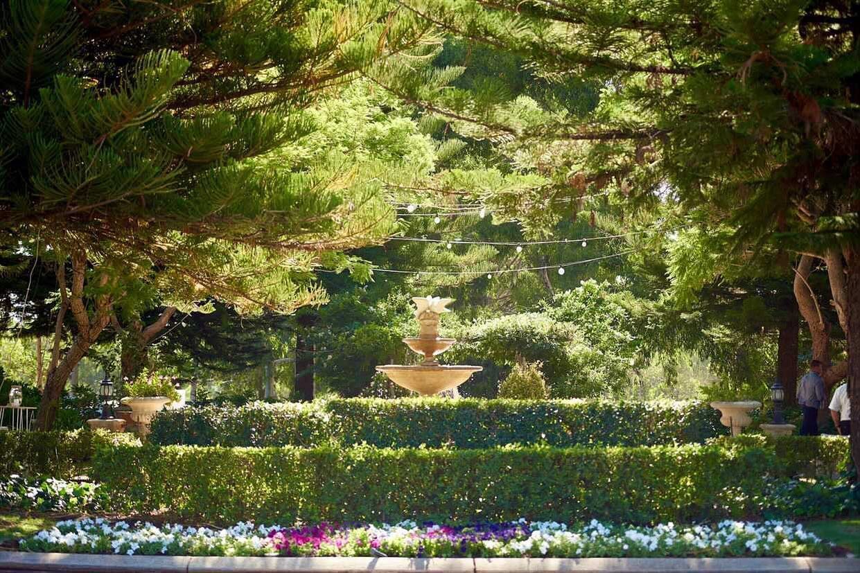 Sunlit garden with a central fountain, surrounded by trimmed bushes, colorful flowers, and tall trees with string lights overhead.