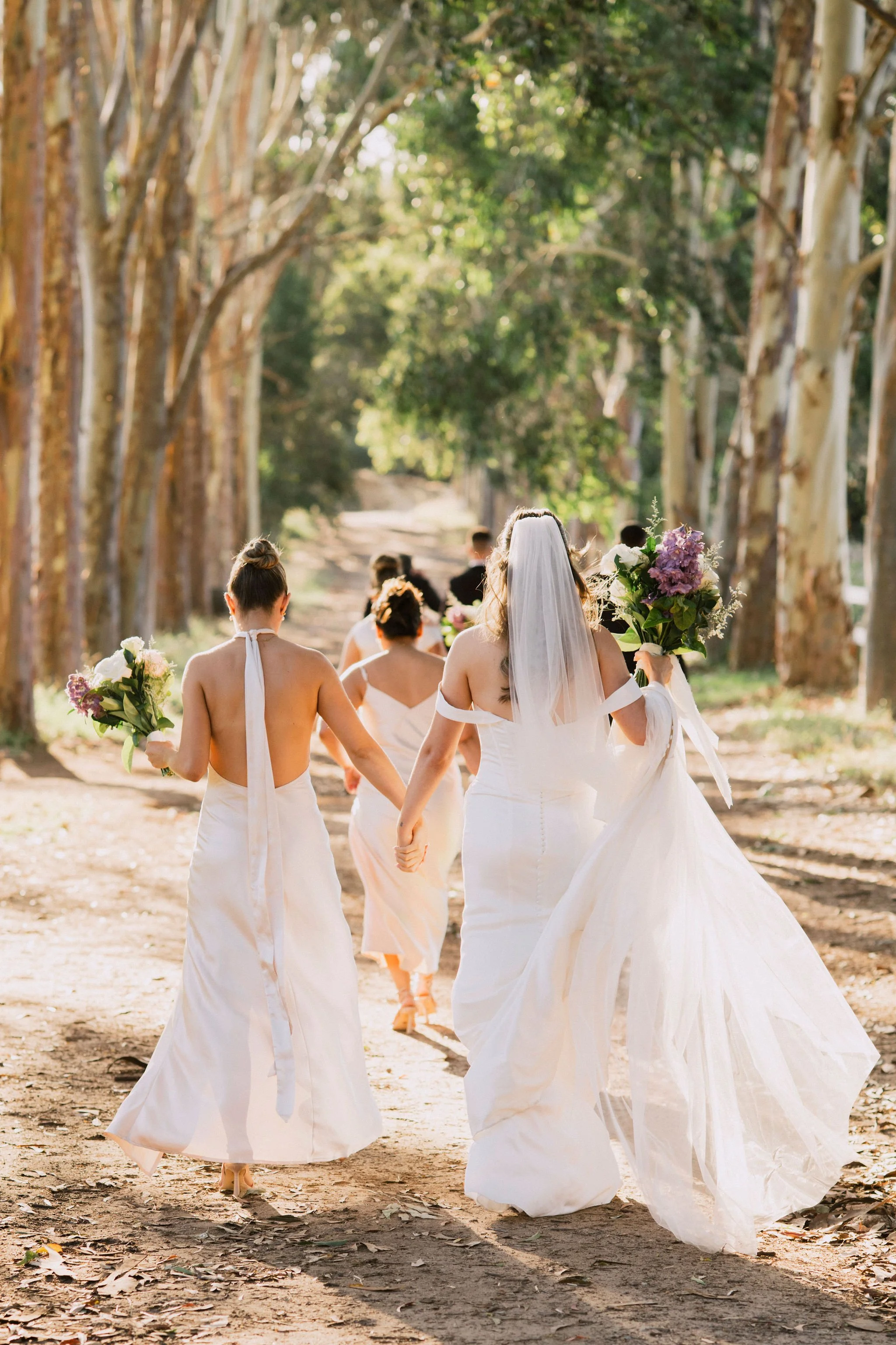 Bride and bridesmaids walking hand-in-hand on a dirt path lined with tall trees, carrying bouquets, during a wedding.