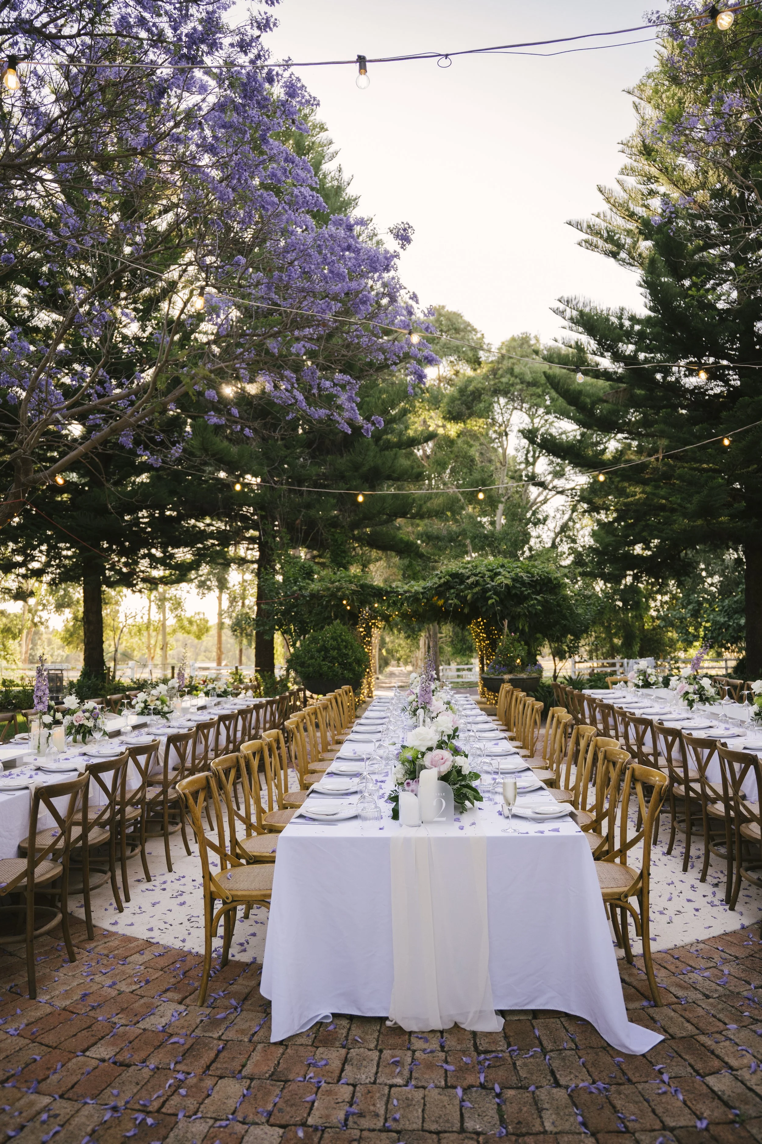 An outdoor wedding reception setup with long, white-draped tables surrounded by wooden chairs. The tables are decorated with white and pink floral arrangements and candles. String lights are suspended overhead amidst tall trees with purple blossoms, and there is a brick patio underfoot.