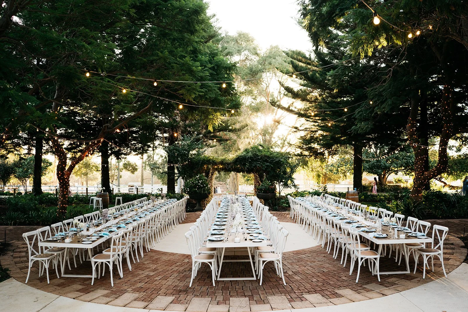 Long banquet tables set for an outdoor event, surrounded by white chairs, under string lights and trees, with sunset sunlight in the background.