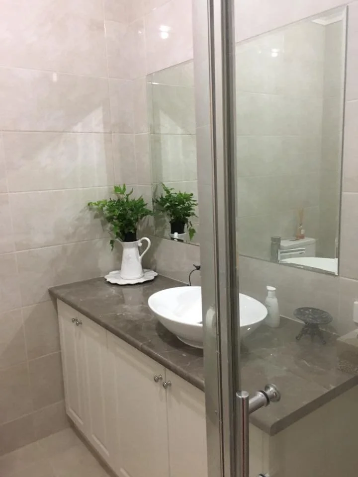 Bathroom vanity with a white ceramic vessel sink, a mirror, a bottle of hand soap, a decorative dish, and a potted plant in a pitcher on the dark countertop.