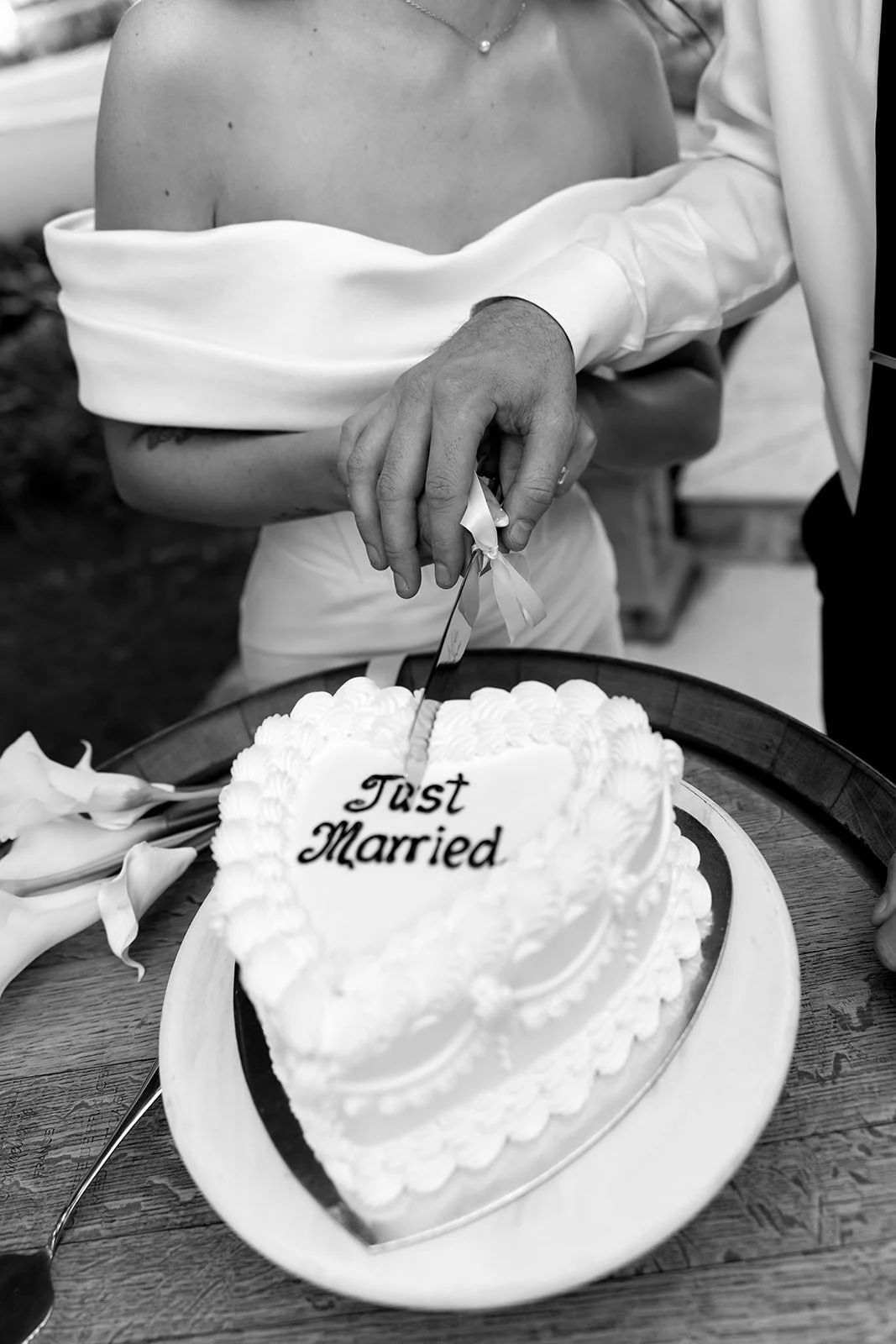 A wedding cake with a 'Just Married' sign, as a bride and groom cut the cake together.