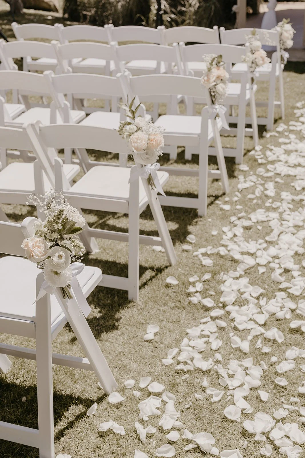 White folding chairs decorated with small floral arrangements and ribbons, arranged in rows at an outdoor wedding ceremony. Rose petals scatter along the aisle.