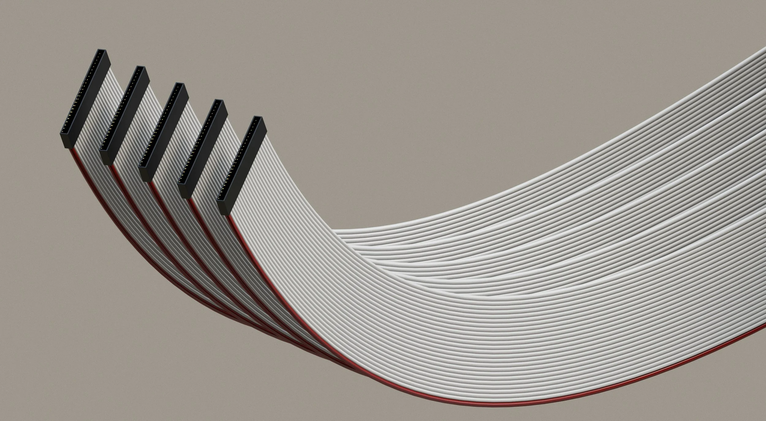 Close-up of a flat ribbon cable with black connectors at the end, set against a neutral background.