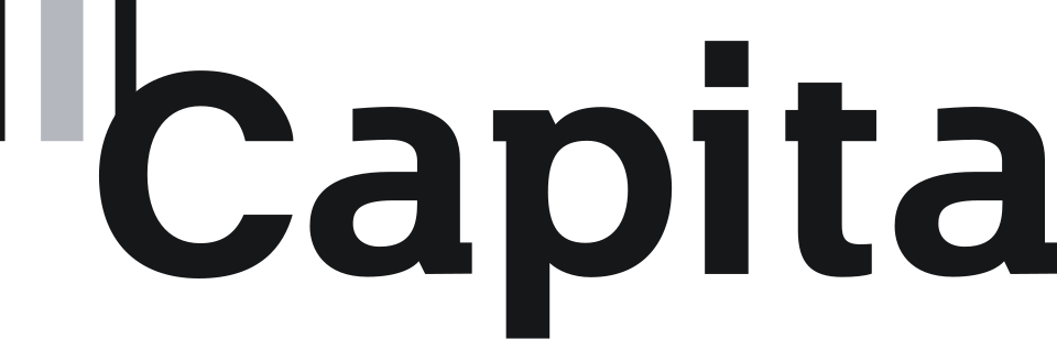 Capita logo. Close-up of a transparent glass with water and ice cubes, with the word 'captain' printed in black.