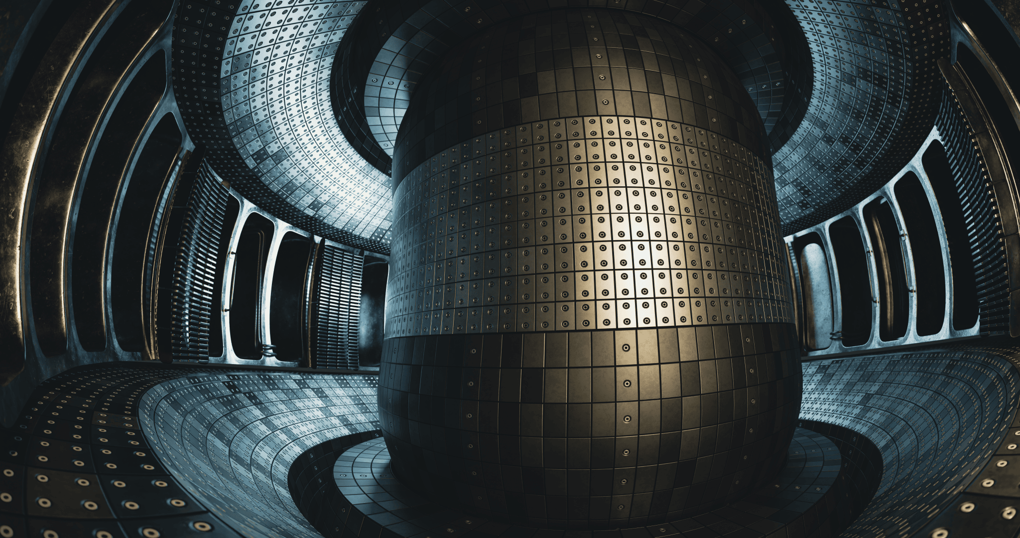 Interior view of a modern, sci-fi style machine or spaceship, featuring a large cylindrical structure with metallic panels and rivets, surrounded by curved metallic walls with vent-like openings.