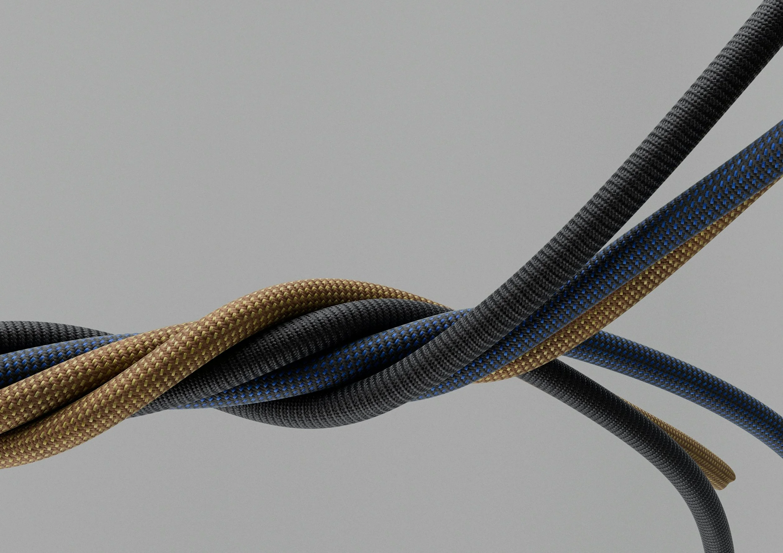 Close-up of intertwined climbing or rescue ropes in black, blue, and tan, against a grey background.