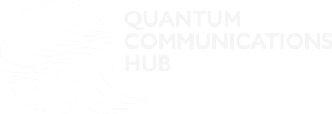 Logo of Quantum Communications Hub with black background and white design elements.