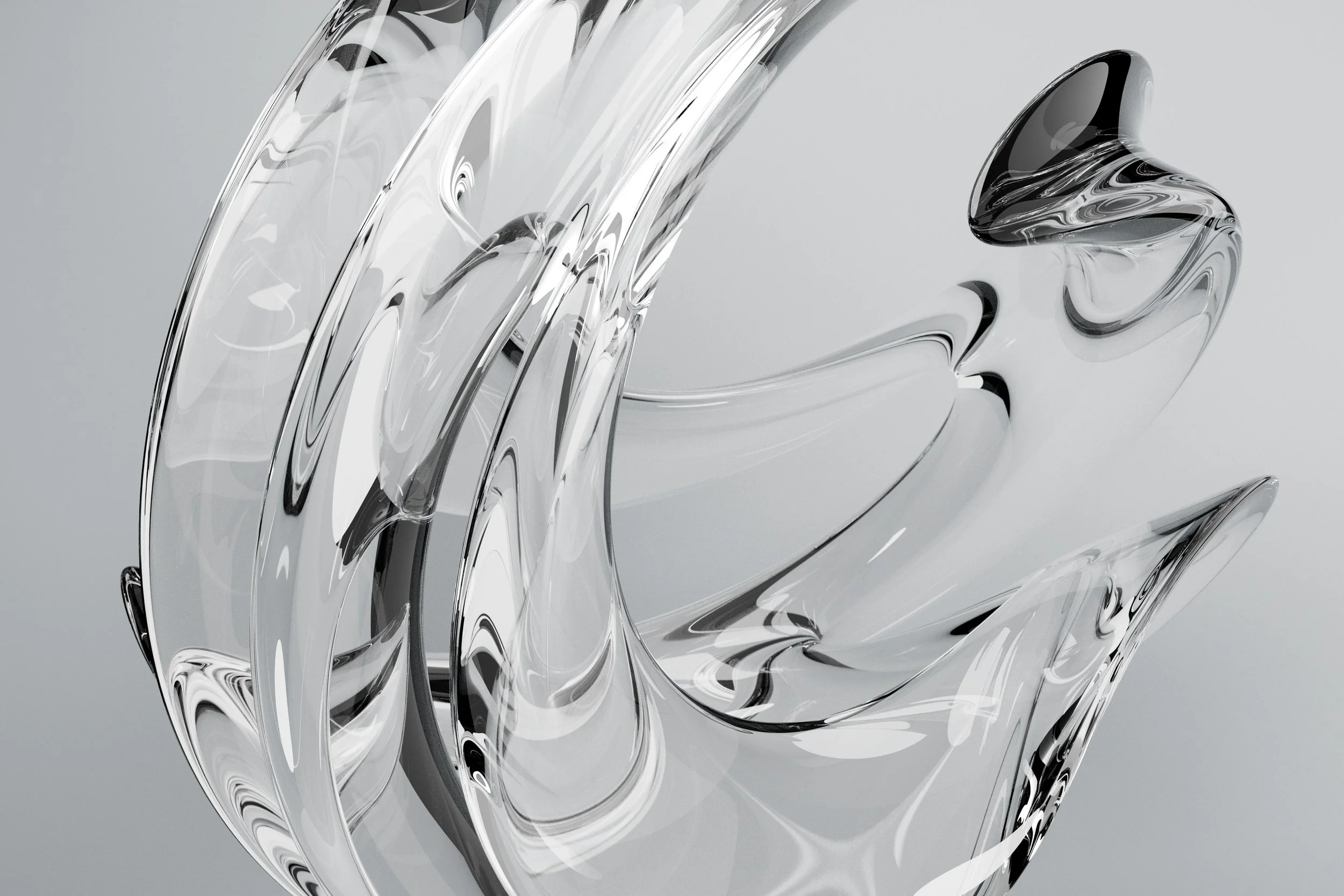 Abstract glass sculpture with flowing curves and reflections on a light gray background.
