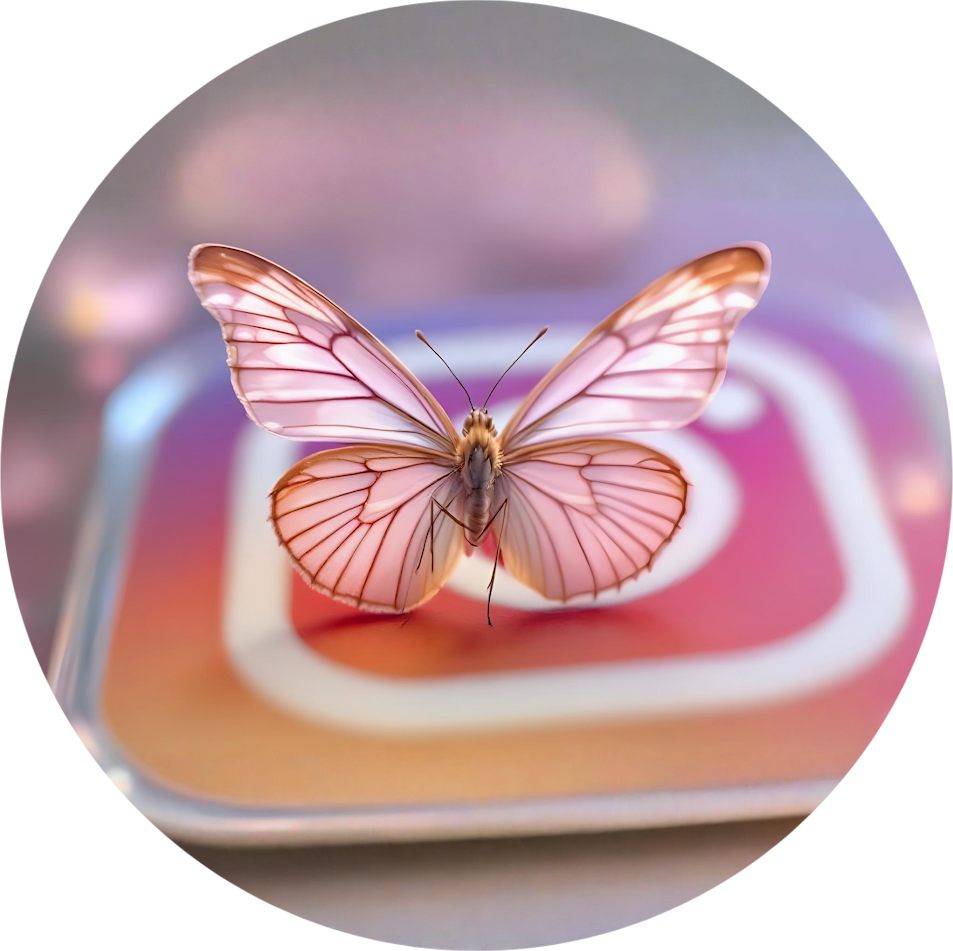 Zarte rosa Schmetterling mit transparenten Flügeln sitzt auf einer bunten Oberfläche.