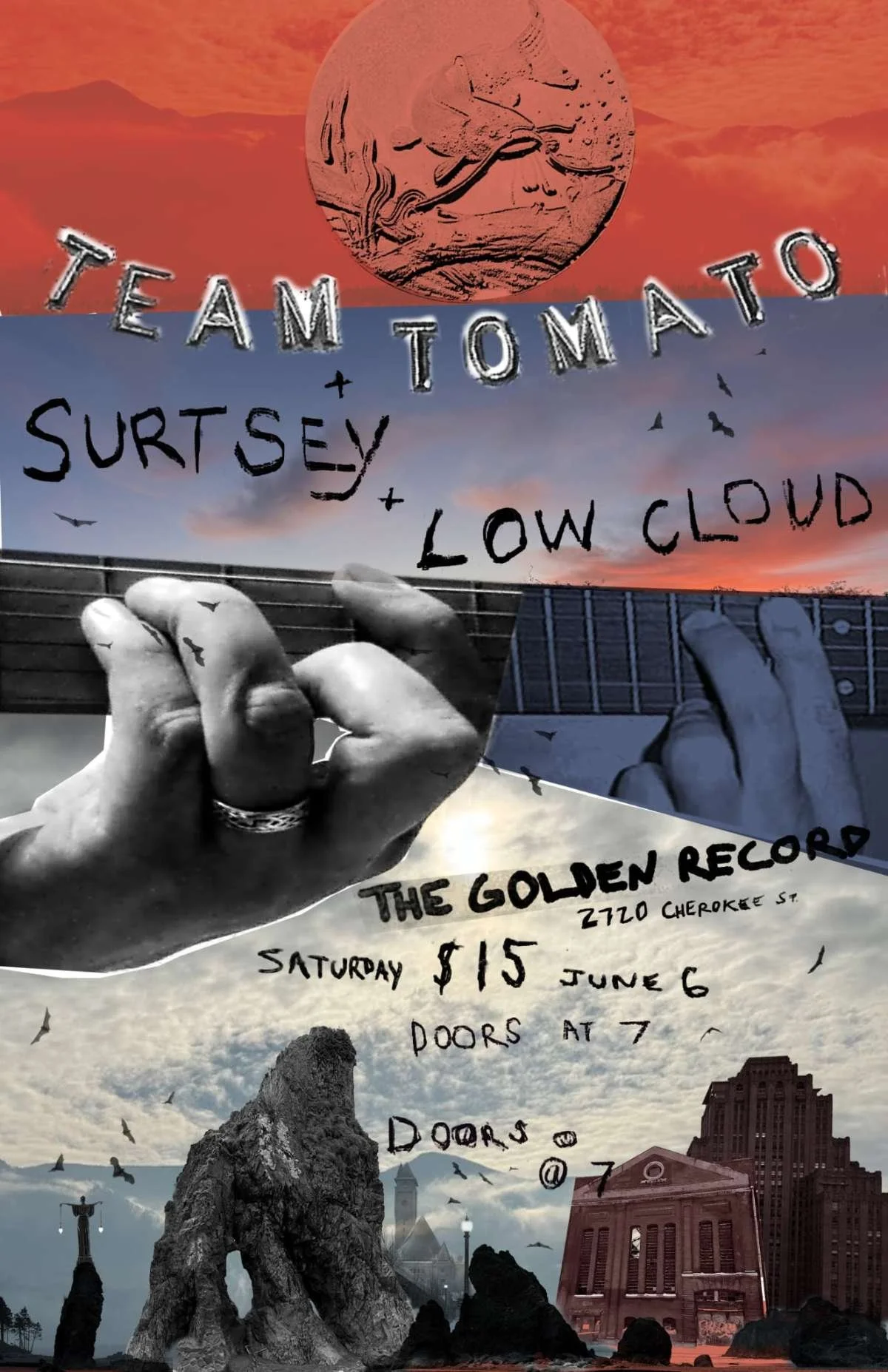 A collage of images with a sunset sky in the background, a hand playing guitar, and a flyer for a music event at The Golden Record in Asheville, North Carolina, on June 6, with doors opening at 7.