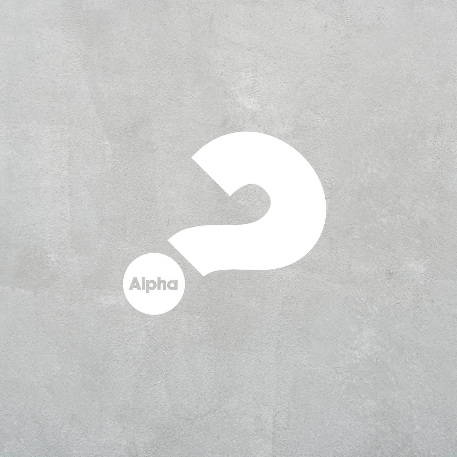 Large white question mark with a small white circle containing the word 'Alpha' on a gray textured background.
