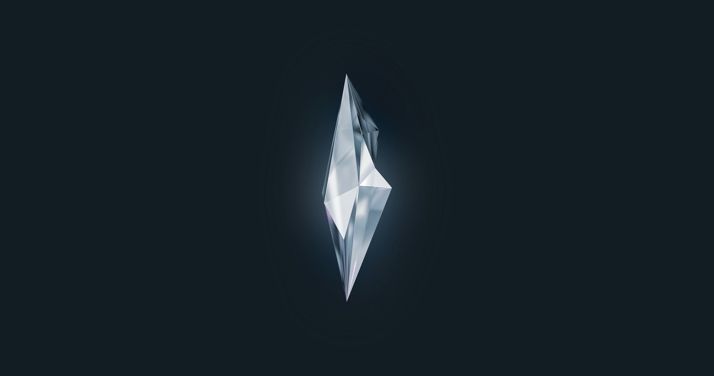 Un logo cristallin en forme de diamant stylisé avec un fond sombre.