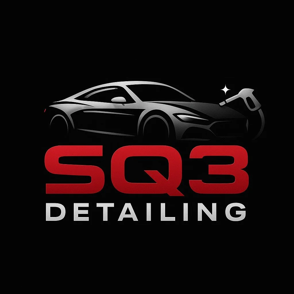 A logo for SQ3 Detailing featuring a black sports car with a cleaning brush on the front bumper and the text 'SQ3 Detailing' in red and white on a black background.