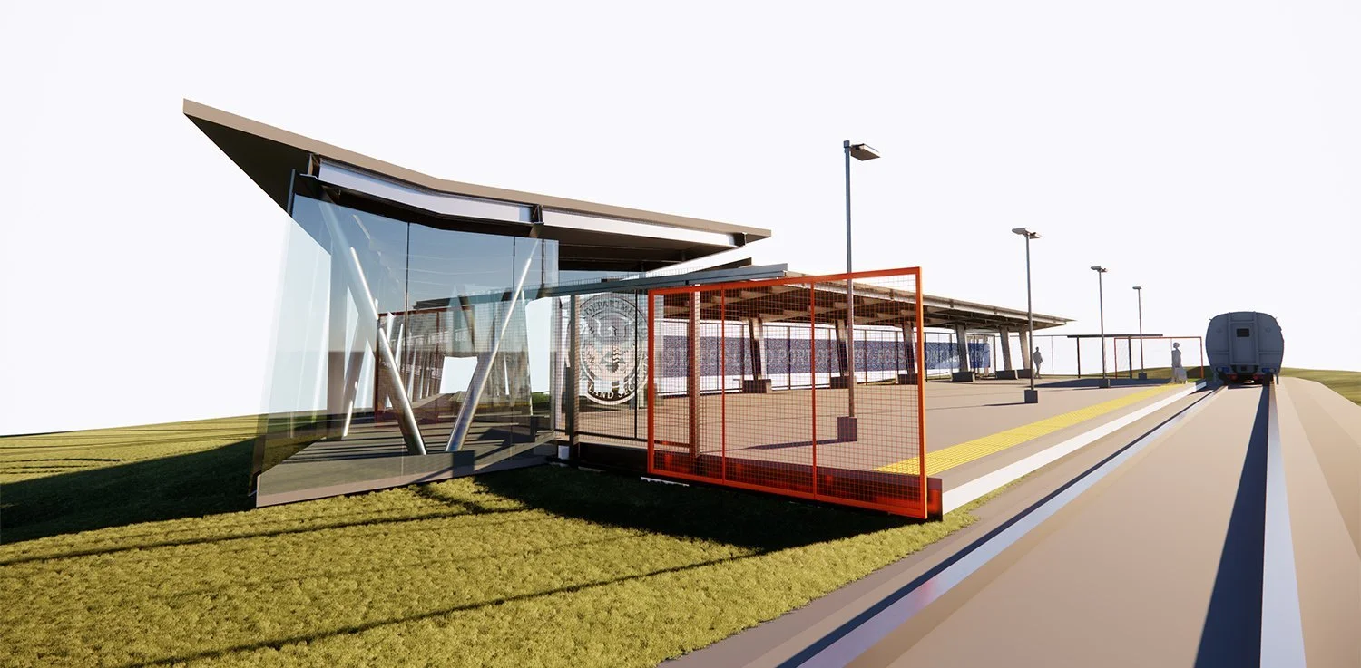 Modern building with green glass walls, a landscaped area with small trees, and a few people walking on a paved pathway. An American flag flies on a tall flagpole in front of a tall historic skyscraper with the sign "Standard Life" on top, under a clear blue sky.