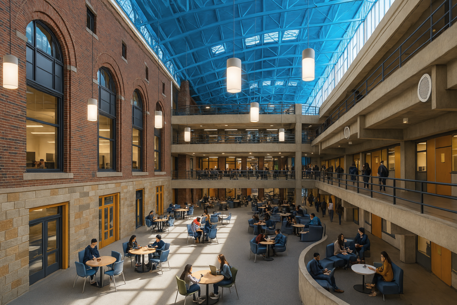 Interior view of a modern school building with multiple floors, open central courtyard, students walking and sitting, red brick walls, blue roof structure, and various seating areas.