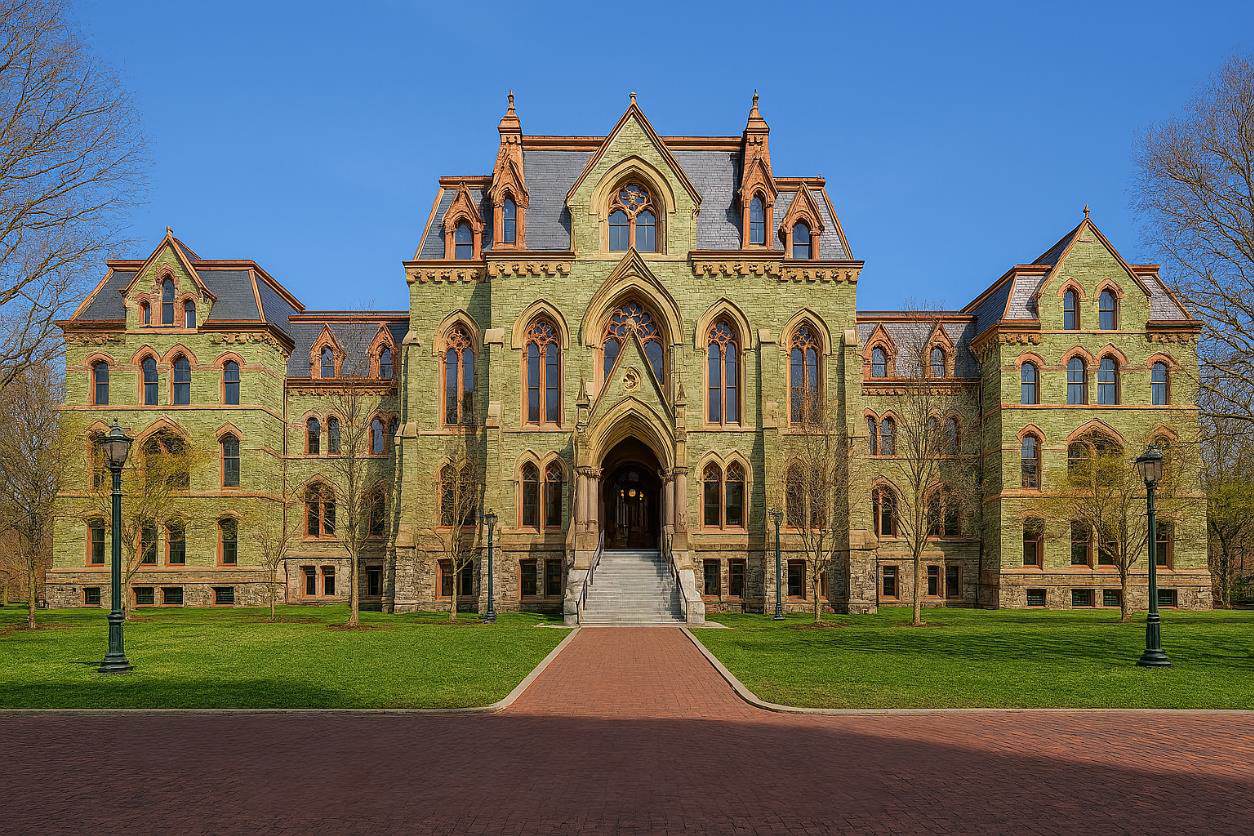 Historic green brick building with pointed roofs under a blue sky, with people walking and sitting in the courtyard.