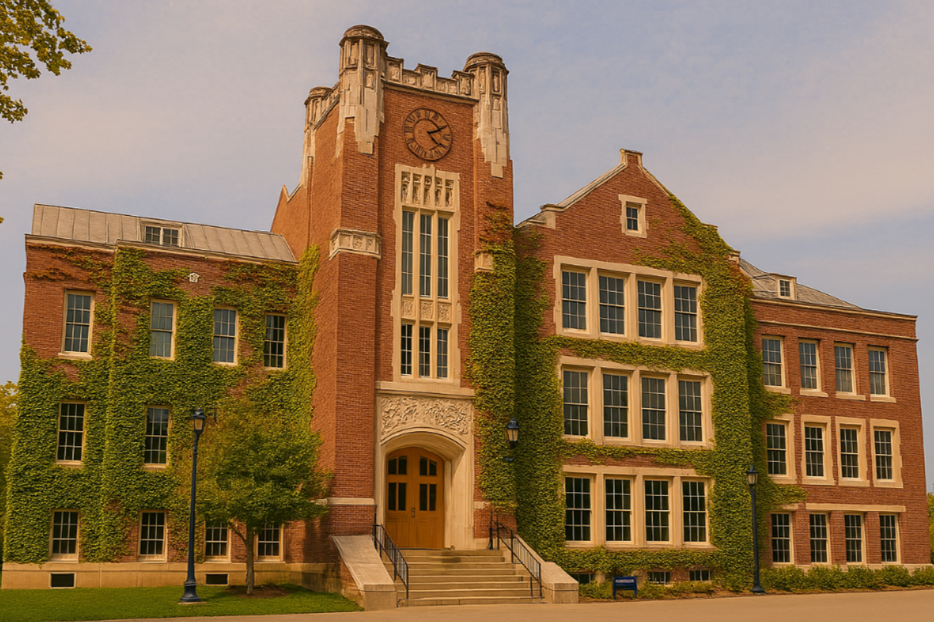 A historic university building with a clock tower, red brick and white stone accents, surrounded by trees, with students walking nearby.